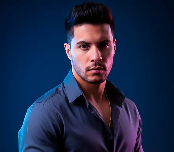 Fernando Junior, fundador da 3FS Digital, de camisa escura em fundo azul